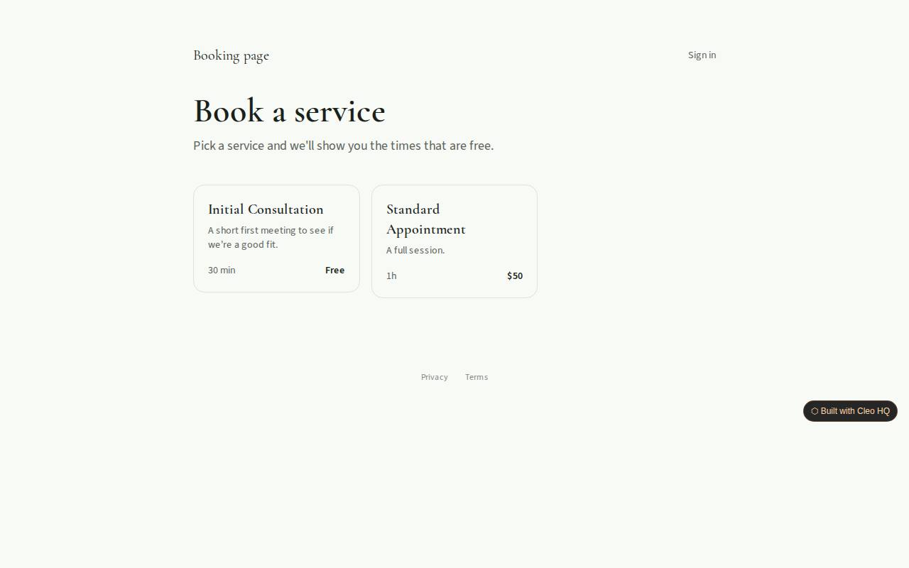 Booking page